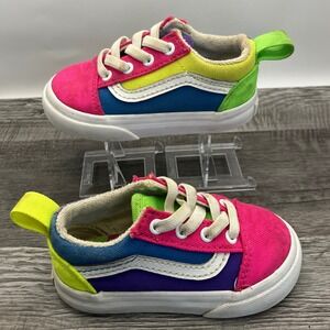 Vans Old Skool Toddler Multi Color Canvas Sneakers Neon Pink Green Blue Size 5T